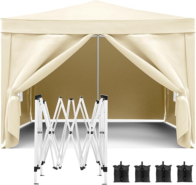 10'x10' Folding Canopy with 4 Removable Sidewalls Outdoor Event Shelter UPF 50+ Gazebo Portable Tents for Parties Beach Camping Wedding EZ Pop Up Canopy Weight Bag + Carry Bag (Beige)