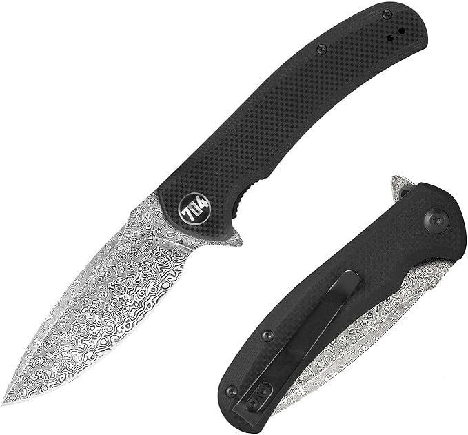 704 Gear Urban Ranger EDC Folding Pocket Knife | Full Size 3.74 Blade Damascus Steel G10 Handle Reversible Pocket Clip | Black with Damascus Steel