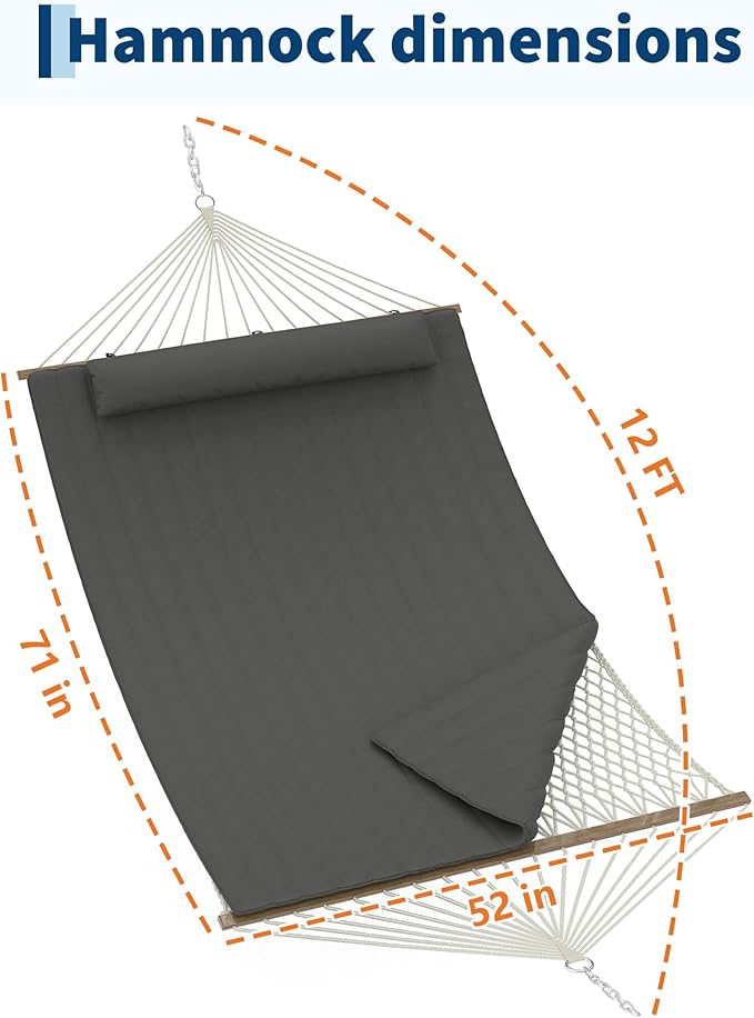 2 Person 12FT Hammocks for Outside Double Quilted Fabric Outdoor Hammock with Spreader Bar Large Removable Pillow Storage Pockets Carabiners Max 450 Lbs Capacity