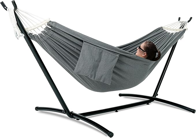 GAFETE Double Hammock with Stand for Outside Upgraded Spreader Bar Heavy Duty Space Saving Steel Stand 2 Person Side Pocket Easy Assembly 600lbs Weight Capacity Indoor &amp Outdoor (Dark Grey)