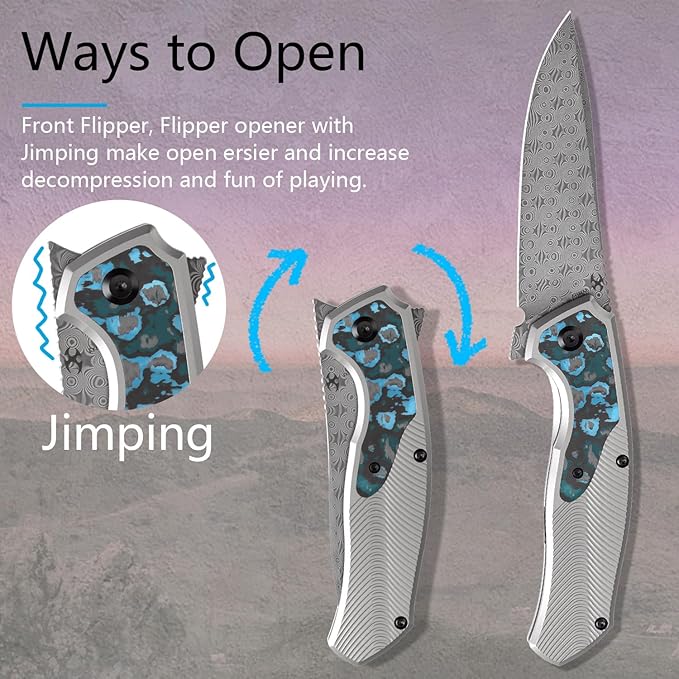 KANSEPT HAVØRN Pocket Folding Knives for Men Women Camping Hiking Folding Knife 3.48'' Damascus Blade Material Pocke Knife with Titanium Arctic Storm Fat Carbon Handle Everyday Carry K1069A3