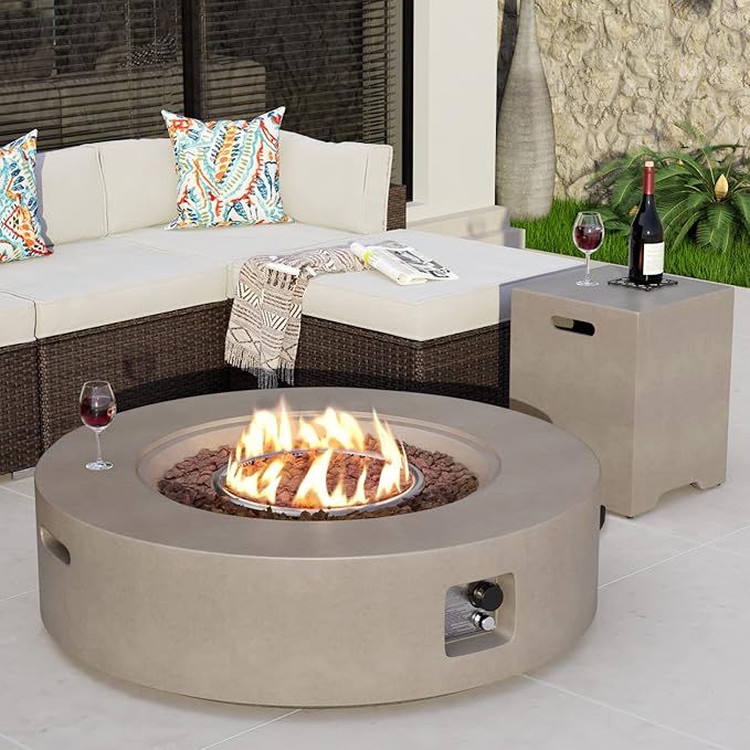 COSIEST 2-Piece Outdoor Propane Firepit Table Set w Tank Table Certified 42 inch Gray Fire Table (50000 BTU) w 16 inches Tank Cover Side Table 20lb for GardenPoolBackyard