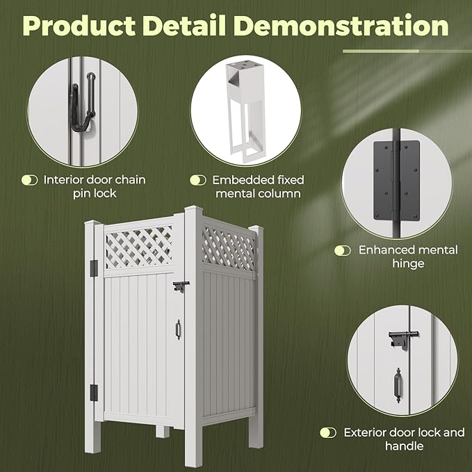 EROMMY 80.75H x 45.75W x 45.75L White PVC Outdoor Shower Enclosure with Door Weatherproof Privacy Stall for Pool &amp Beach Durable Vinyl Construction(Grid-panel)