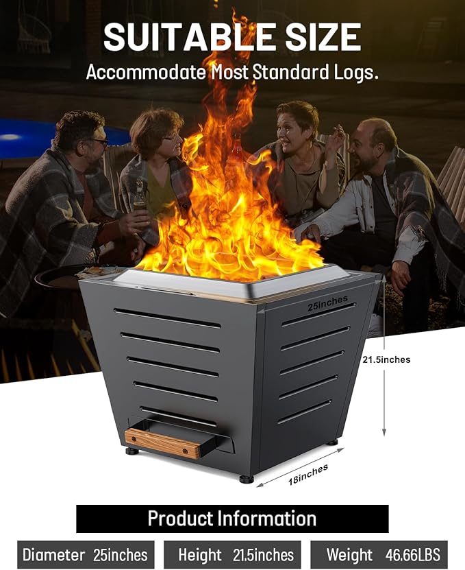 25 Inch Smokeless Fire Pit Stainless Steel Wood Burning Fireplace Portable Outdoor Fire Pit Patio Smokeless Firepit with Pull-Out Ash Tray and Handles Black