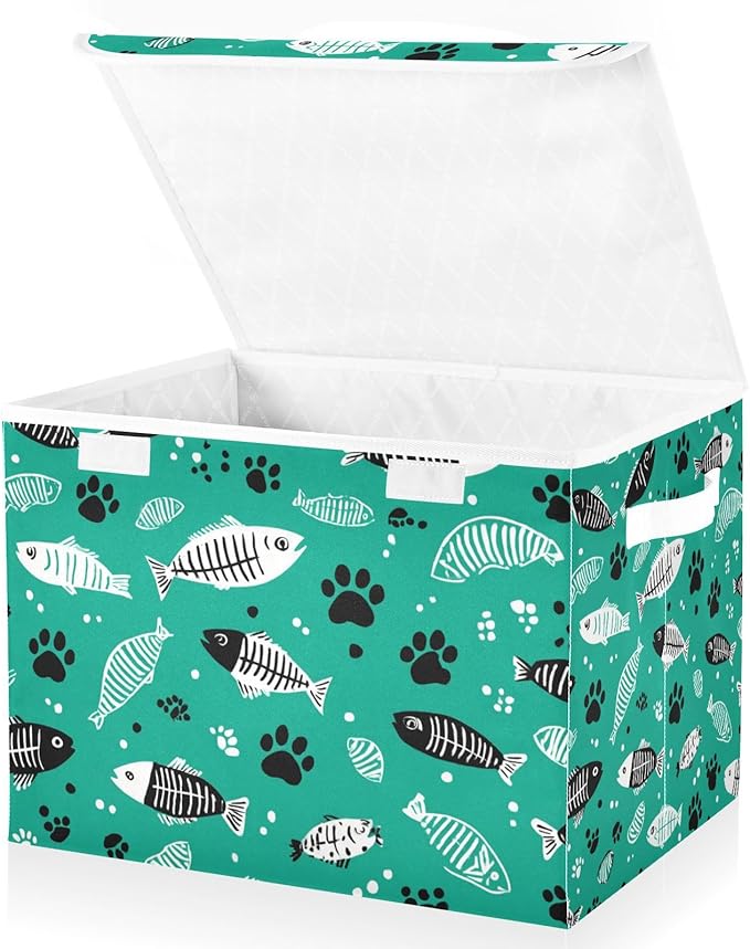 Collapsible Storage Bins with Lids Decorative Fabric Storage Cubes Closet Organizer and Storage Basket Boxes Containers for Clothes Box Chest Nursery Folding Rectangle Green Paw Prints Fish