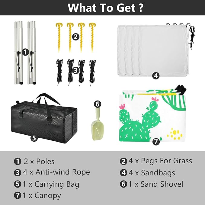 Beach Canopy with Windproof Ropes &amp Sandbags Beach Tent Sun Shade Sun Shelter for Camping Trips Fishing Backyard Fun or Picnics Cactus