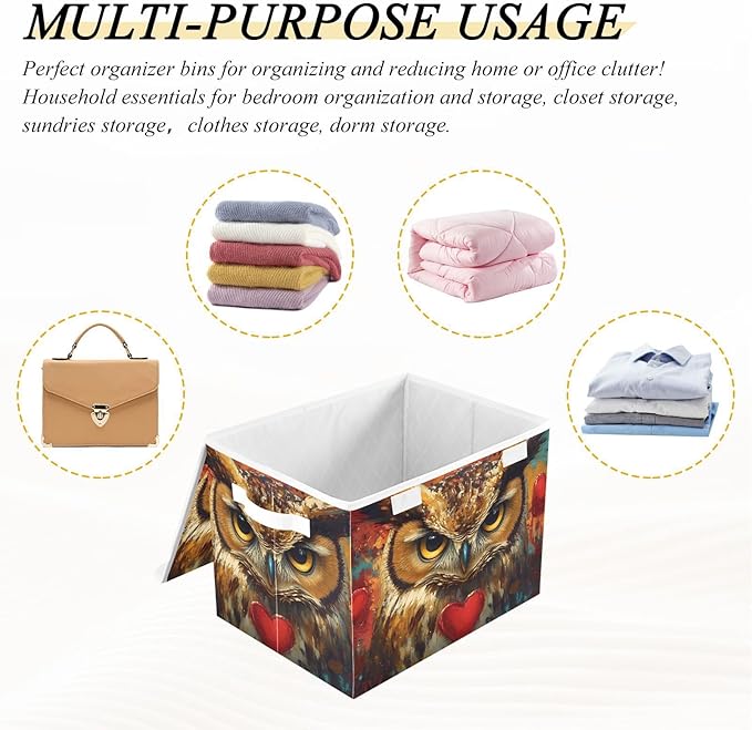 AIXIWAWA Lidded Storage Cube (Owl with Heart) Fabric Foldable Closet Bins with Flip Lid and Handles Organizer Basket Container 16.5 x 12.6 x 11.8 IN