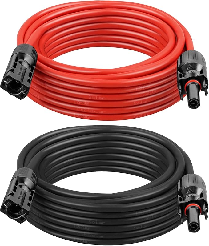 Solar Panel Extension Cable - 12AWG 20FT Solar Wire with Female &amp Male Waterproof Connector PV Wire for RV Photovoltaic Systems Home Boat Solar Panels Car(20ft Red + 20ft Black)