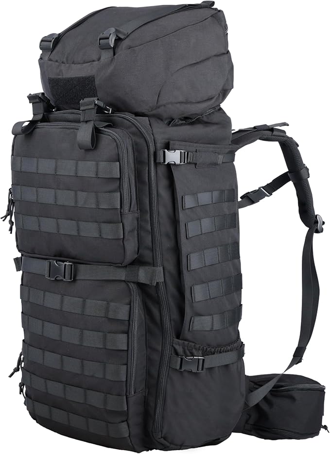 Zsearaymy 75L Hiking MOLLE Backpack with Internal Frame &amp Rain Cover for Tactical Camping Backpacking Survival Travel (Black)