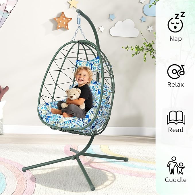 Hanging Egg Chair with Stand Outdoor Indoor Patio Rattan Swing Hammock Chairs with Washable Cushion PE Wicker Swing Chair for Backyard Bedroom Garden (Dark Green + Floral Cushion No Footrest)