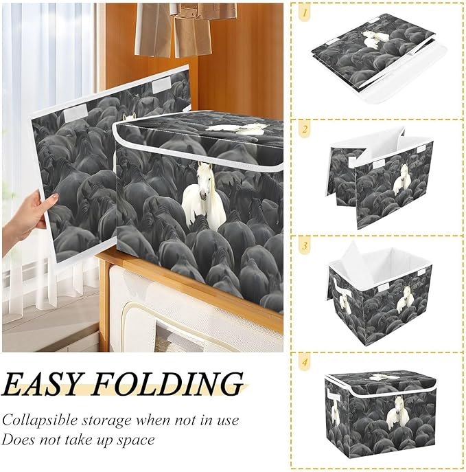 White Horse in Black Storage Cube Bins Basket with Lid Collapsible Flip-top Fabric with Handle for Home Bedroom Closet Office 16.5×12.6×11.8 in