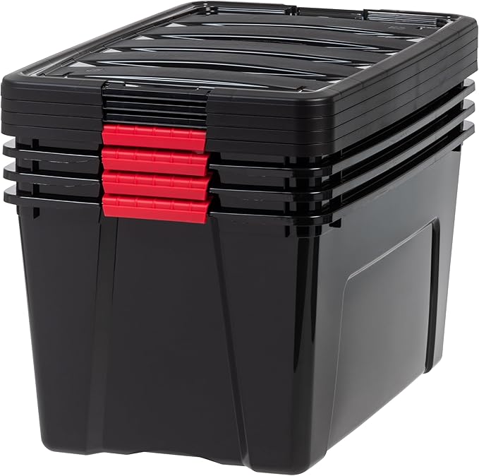 IRIS USA 72 QT Plastic Storage Box with Lid and Latches - 4 Pack - BPA-Free Garage Organizing Solution Durable Nestable Stackable Containers Secure Pull Handle - Black