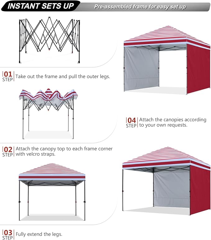 ABCCANOPY Easy Pop up Canopy Tent with 2 Sidewalls for Outdoor Sun Blocking or Rain Protection10x10 Red Stripes