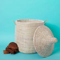 Small White Basket with Lid for Baby Laundry Small Toy Storage Hand Towels Handwoven Basket White 12 Inch Wide 14 Inch Tall