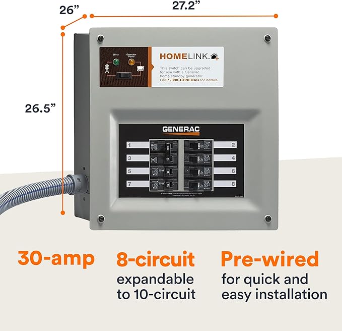 Generac 6854 HomeLink Upgradeable 30 Amp Transfer Switch Kit - Convenient and Reliable Power Solution for Homes - 10' Cord and Aluminum Power Inlet Box