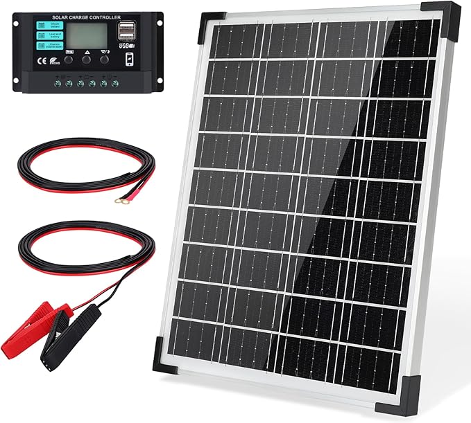 Solar Panel 20W 12V Monocrystalline Waterproof Solar Panel Kit with 10A Charger Controller for RV Trailer Car Rooftop Farm Battery and Other Off-Grid Applications