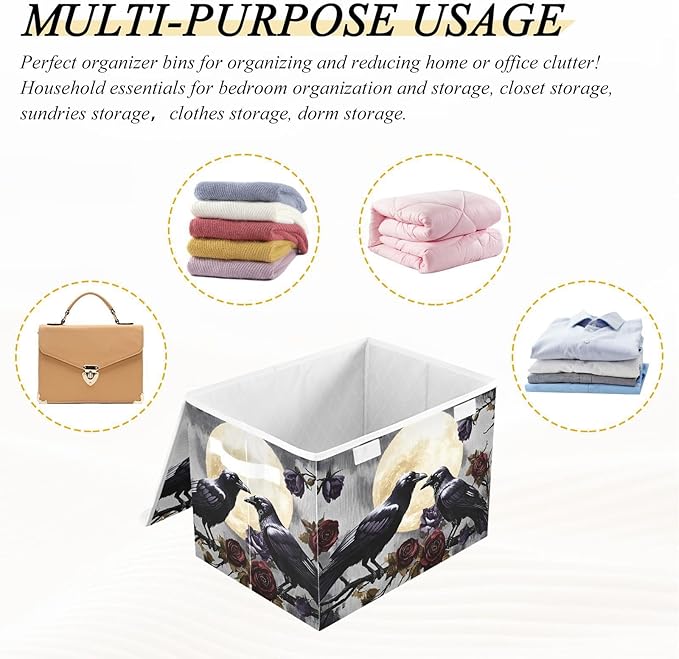 Crows Branch Rose Large Storage Bins with Linen Foldable Storage Cubes Fabric Closet Organizer Containers box with Flip-Top Lid for Home Office 16.5 x 12.6 x 11.8 IN