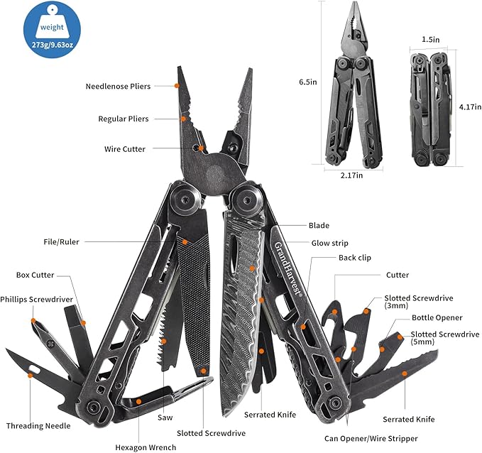 Multitool 25-in-1 Spring Loaded Pliers Multi Tool Each Tools with Safety Lock-Stainless Steel Multi-Tool Propylene Sheath Survival Gear for Camping Hiking Multi Plier Pocket Knife
