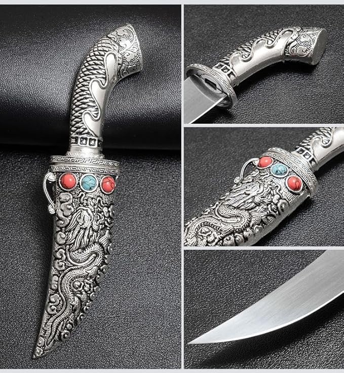 Fixed Blade Tanto Knife with Dragon Metal Sheath Compact Japanese Style Camping Knife Collectible EDC Knife with Gift Box for Men