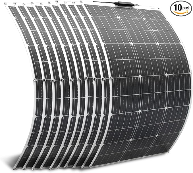 1000W Flexible Solar Panel 10x100 Watt 12 Volt High Effiecncy Waterproof Monocrystalline Solar Panel for Marine RV Trailer Boat Cabin Van Car Uneven Surface