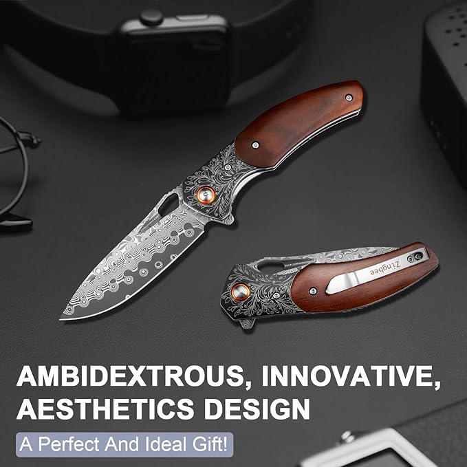 Zingbee Damascus Pocket Knife with Sheath 3.35 Damascus Steel Blade Knife with Wooden Handle EDC Pocket Knives &amp Folding Knives for Outdoor Camping Ideal Gifts for Men Women