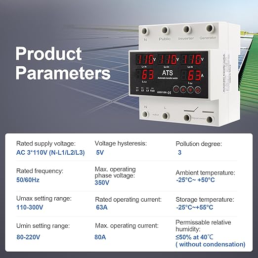 4P 63A 110V ATS Automatic Transfer Switch - L1 Priority Phase Selector 50/60Hz Din Rail Mount CE Certified for Public Inverter Generator Use