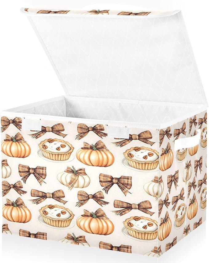 Bolaz Storage Bins with Lids and HandlesAutumn Pie Pumpkin Bows Pattern Storage Box Basket with Cover Collapsible Organizer Containers for Home Closet Shelves