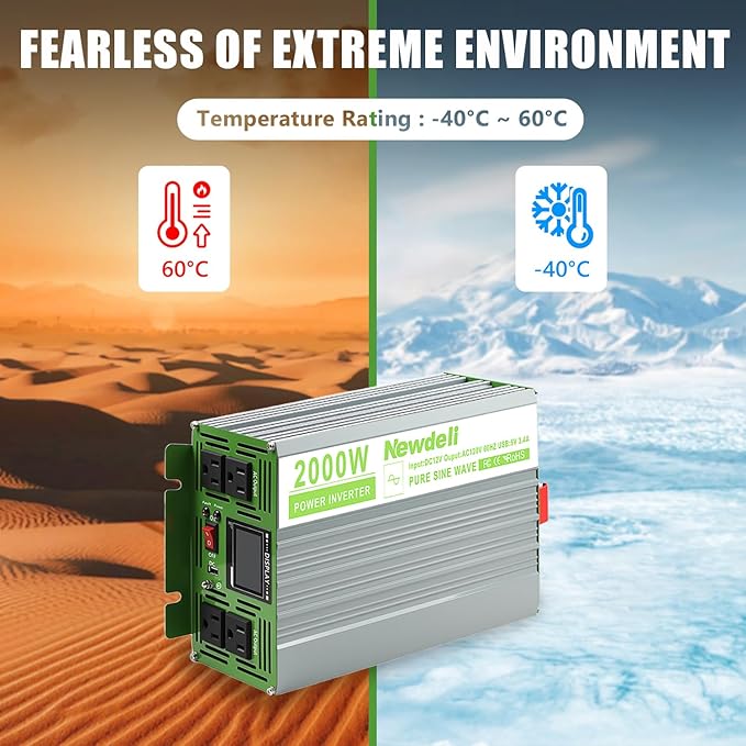 Newdeli 2000 Watt Power Inverter 12V DC to 110V 120V AC Pure Sine Wave Inverter with LCD Display Remote Controller 4 AC Outlets and 5V 3.4A USB Port for Vehicles Car Truck RV Solar System Camping