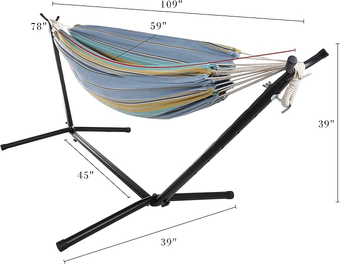 Double Brazilian Hammock with Stand Included - Woven Cotton 2-Person Outdoor Swing with Frame for Camping Backyard or Patio by Pure Garden