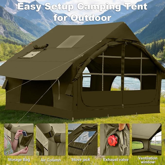 Inflatable Camping Tent2/4/6/8 Person Glamping Inflatable Tents with Awning Quick Setup Blow Up Tents with Pump Waterproof Oxford Inflatable House for Camping Air Glamping Hot Tents for Adult