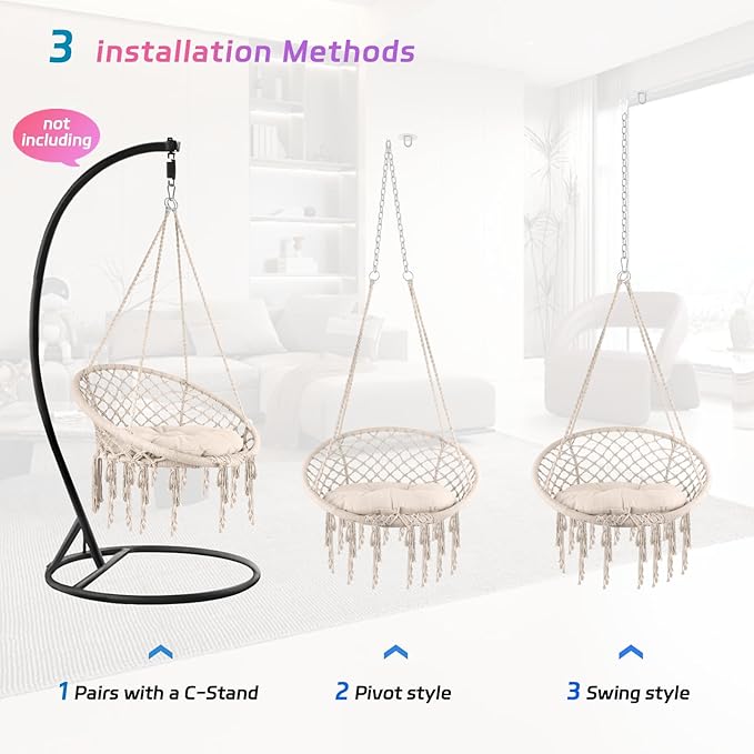 Hanging Swinging Chair Macrame Hammock Hanging Swinging Chairs with Soft Cushions and Hardware Accessories Hanging Chair for Indoor and Outdoor Use 3 Installation Methods Beige (1 Beige)
