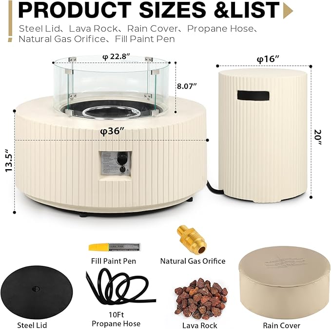 36inch Outdoor Propane Fire Pit Table Set - 3-Piece Round Concrete Natural Gas Firepit with Tank Cover Wind Guard Rain Cover 50000 BTU Modren Fire Table for Outside Patio Backyard - Beige