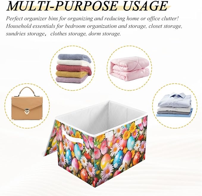 Christmas Storage Baskets with Lids Colorful Eggs and Butterflies (2) Collapsible Bins Stackable Fabric Linen Baskets Closet Organizer Container 16.5x12.6x11.8