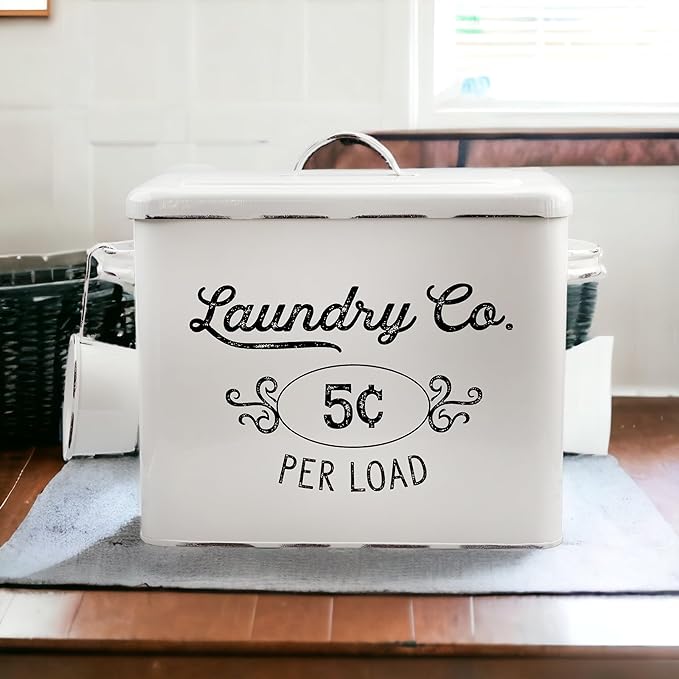 AuldHome Design Farmhouse Laundry Powder Container White Enamelware Detergent Bin w/Scoop