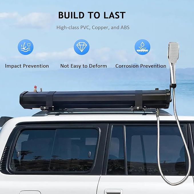 Pressurized Water Tank for Camping Shower 20L/30L Solar Roof Rack Shower Outdoor Roof Rack Water Tank with Water Hose &amp Shower Head for Trucks Off Road Vehicles RV SUV 30L