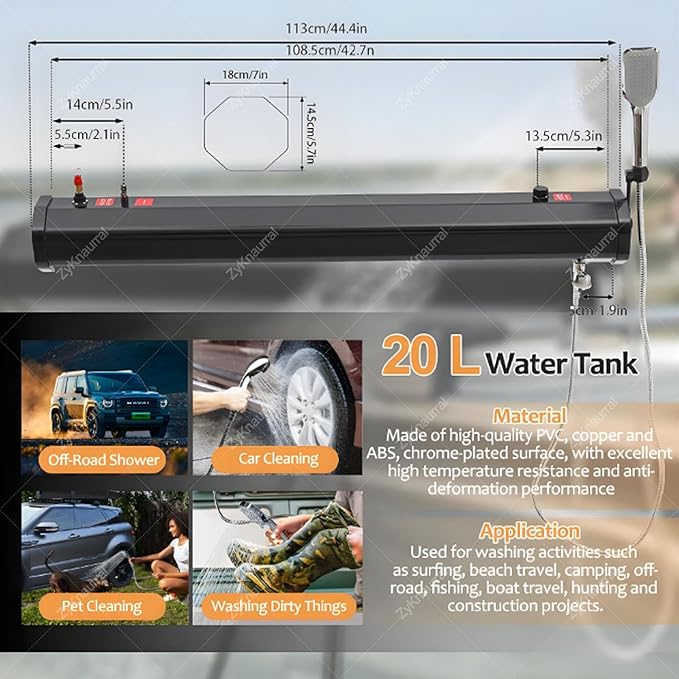Portable Camping Shower Pressurized Water Tank for Camping Shower Roof Rack 4.7/5.2/7.9 Gallon Off-Road Travel Shower with Hose Shower Head Pressurized Water Tank for Vehicles20L/5.28Gal