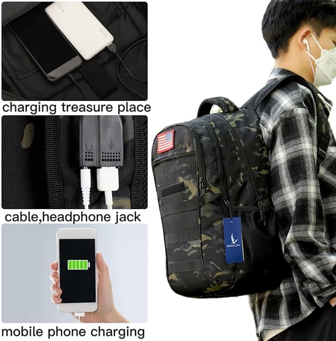 outdoor plus Camo BackpackMilitary Boys Backpacks for School40L Army Bookbag with USB Charging Port Waterproof