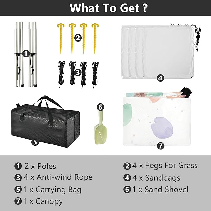 xigua Wildflowers Beach Tent Sun Shelter with Carrying Bag - Silver Coated Oxford Fabric Beach Canopy for Beach Camping Fishing - Includes Windproof Ropes Sandbags &amp Stakes