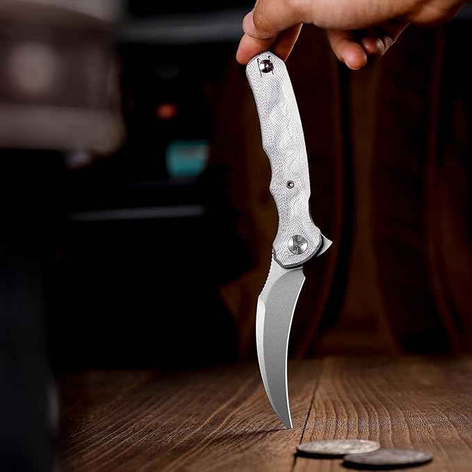 TRIVISA EDC Pocket Pikal Knife for Men Hawkbill Folding Flipper Knife with Clip3.34 14C28N Steel BladeAluminum Foil Handle for Outdoor Camping Lacerta-AL