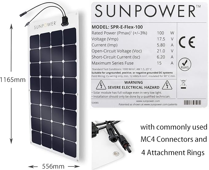 ExpertPower 2 Pieces 100W Flexible Solar Panel| High-Efficiency Module with Monocrystalline Maxeon Solar Cells for RV Boat Camping and Generator Charging Applications