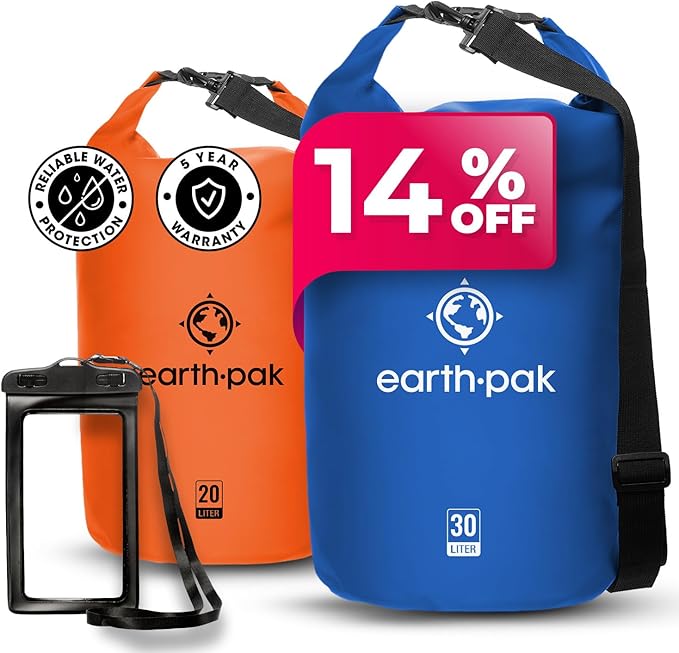Earth Pak Waterproof Dry Bag - Roll Top Waterproof Backpack Sack (Blue 30L &amp Orange 20L)