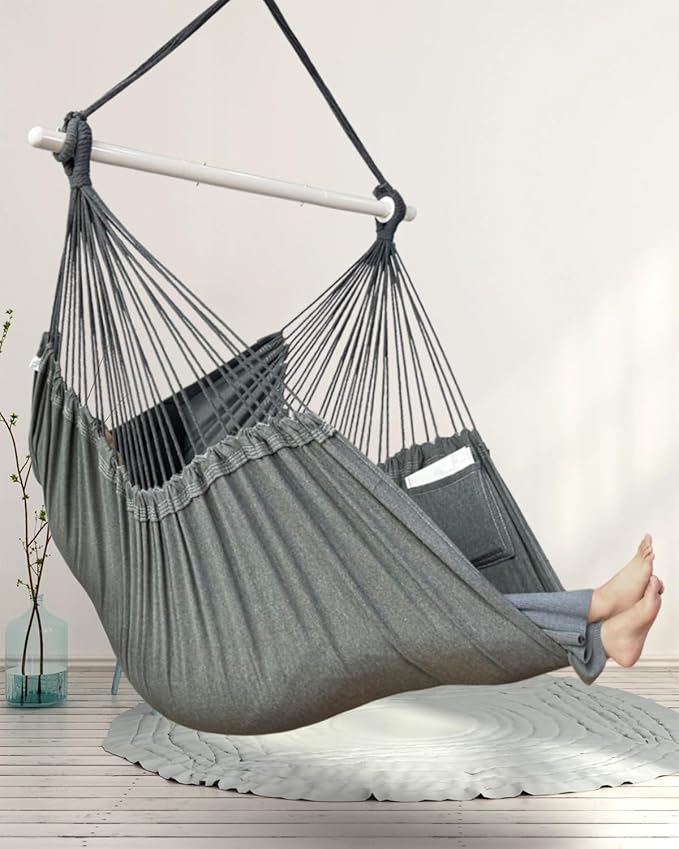 XXL Hammock Chair Hanging Rope Swing with 2 Cushions - Max 500lbs-Perfect for Patio Porch Bedroom Backyard Indoor or Outdoor - Includes Hanging Hardware Kits