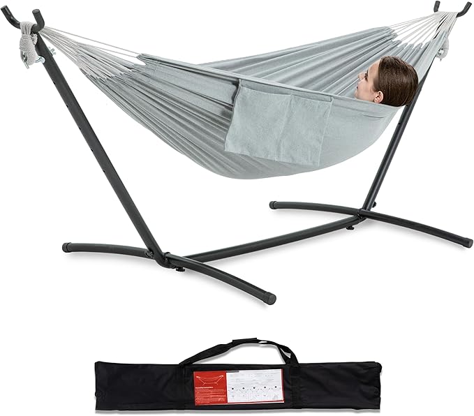 PNAEUT Double Hammocks with Stand for Outside Portable Space Saving Heavy-Duty Steel Stand for Indoor Outdoor Patio with Carrying Bag 450 lbs Capacity (Gray)