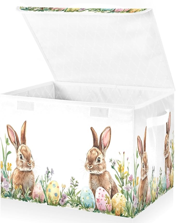 Christmas Storage Baskets with Lids Cute Bunnies Easter Eggs Collapsible Bins Stackable Fabric Linen Baskets Closet Organizer Container 16.5x12.6x11.8