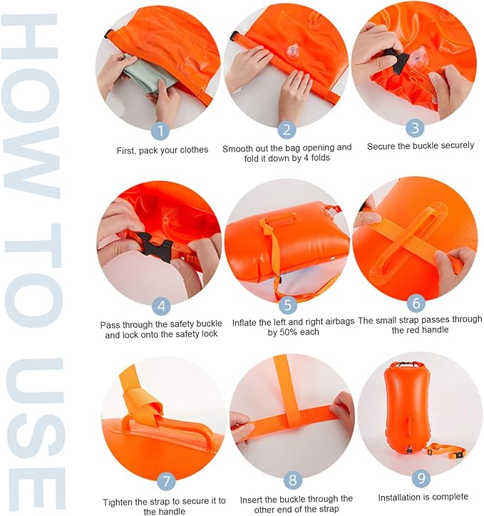 Swimming Buoy Portable Swim Buoy 50L with Adjustable Belt Waterproof Nylon Dry Bag High Visibility for Safety Open Water.