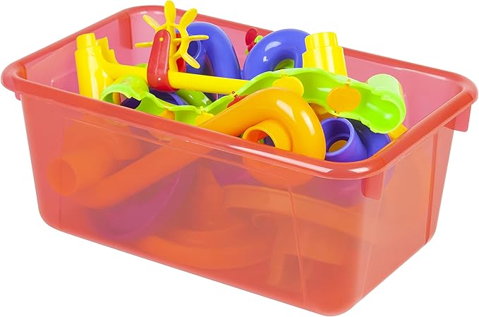 Storex Small Cubby Bins – Plastic Storage Containers for Classroom with Non-Snap Lid 12.2 x 7.8 x 5.1 inches Tint Red 5-Pack (62481A05C)