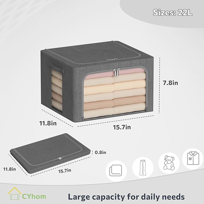 Clothes Storage Bins Box - Linen Fabric Foldable Stackable Container Organizer Set with Clear Window &amp Carry Handles &amp Metal Frame - 2Pack Large Capacity for Bedding Blankets Books