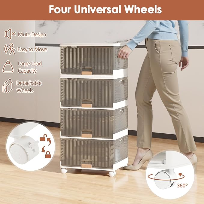 Giantex 4 Tier Stackable Storage Bins with Lids 18 GalFoldable Shoe Storage Box with Detachable Wheels &amp Flip-Up Doors Collapsible Closet Organizers and Storage Bins