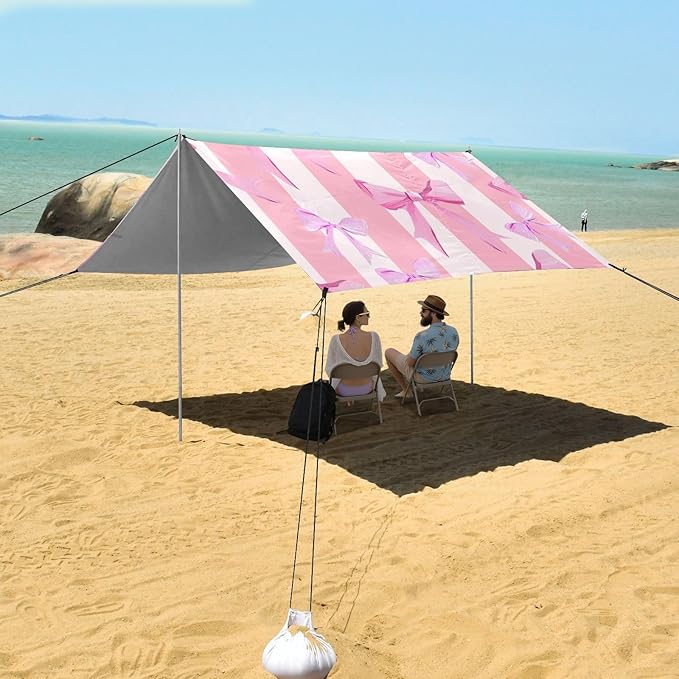 ALAZA Pink Bow Stripe Beach Tent Sun Shelter Portable Canopy Sunshade for Outdoor Camping Picnics Backyard Fun 10x9 ft