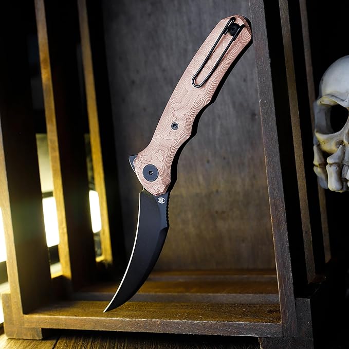 TRIVISA EDC Pocket Pikal Knife for Men Hawkbill Folding Flipper Knife with Clip3.34 14C28N Steel BladeCopper Foil HandleOutdoor Camping Lacerta-CU